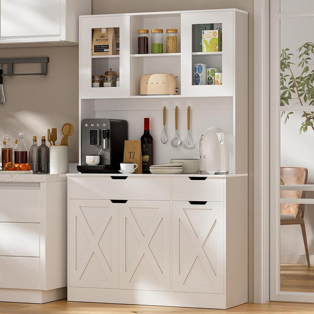 GTFURNI 71" Tall Kitchen Pantry Storage Cabinet Large Farmhouse Hutch Cabinet with Microwave Stand, Charging Station, Adjustable Shelves, Countertop for Dining Room, Living Room, White