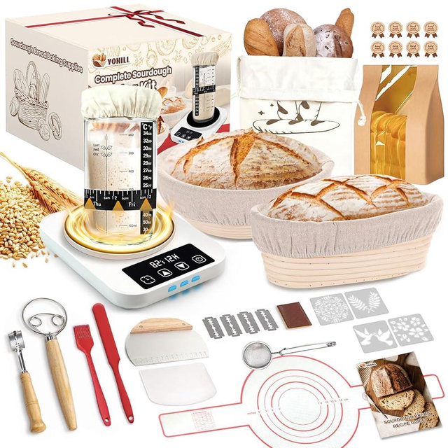 Sourdough Starter Kit with Warmer, Glass Jar and Banneton Bread Proofing Basket - Complete Sourdough Bread Baking Supplies, Sour Dough Making Essentials Tools, Gift for Bakers Beiginner Women Wife Mom