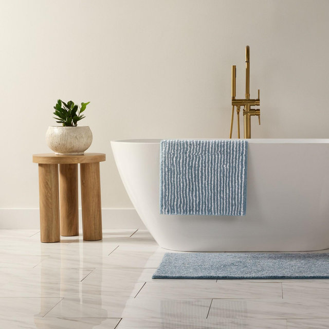 Luxury Cotton Pinstripe Bath Mat, Thick Tufted Bath Rug, Absorbent Non Slip Spa Bathroom Rug, Machine Washable - Becky Cameron, Light Blue, 34" x 21"