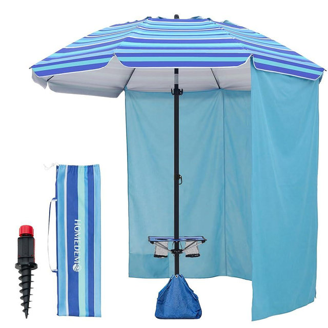 HOMEDEMO 8FT Large Beach Umbrella with Weight Bag & Sand Anchor, Outdoor Umbrellas with Adjustable Aluminum Pole and Table, Heavy Duty Windproof & UPF 50+