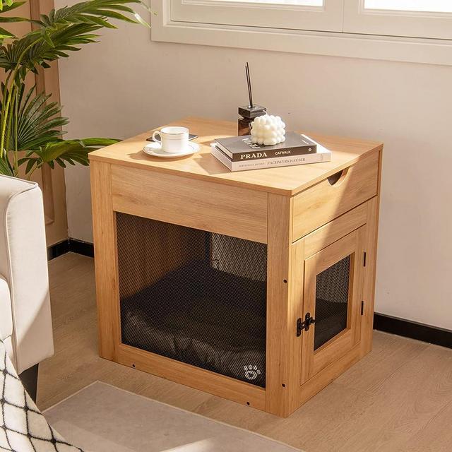 Giantex Dog Crate Side Table - Wooden Dog Kennel with Removable Cushion, Storage Drawer, Latched Door, Support Wireless and Wired Charging, Furniture-Style Crate for Small Medium Dogs (Wood Color)