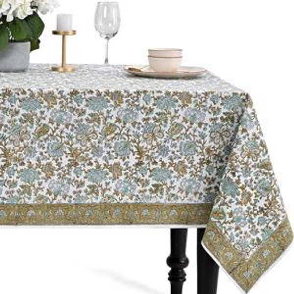CPC Tablecloth 100% Cotton 70x118 Inch Indian Block Print Rectangle Table Cover, Table Cloth for Weddings, Spring/Summer, Barbeque -Harvest Bloom