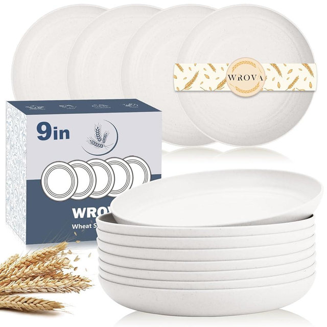 Wrova Wheat Straw Plates - 9 Inch Unbreakable Dinner Plates Set of 8 - Dishwasher & Microwave Safe Plastic Plates Reusable for Kitchen and Camping (white)