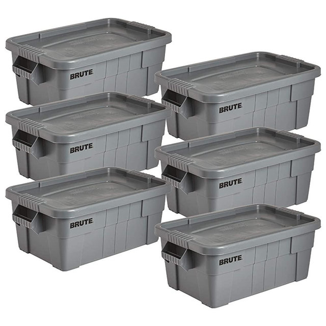 Rubbermaid Commercial Products BRUTE Tote Storage Container with Lid, 14-Gallon, Gray (FG9S3000GRAY) (Pack of 6)
