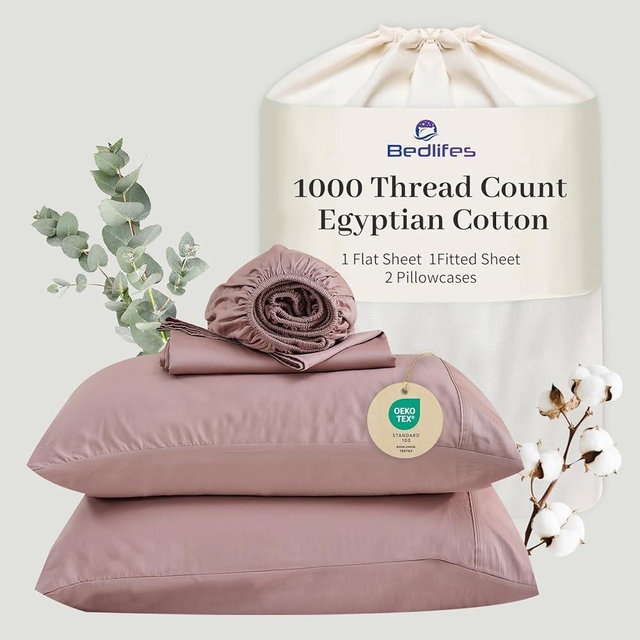 Bedlifes Egyptian Cotton Sheets 1000 Thread Count Queen Size, 4-Piece 16" Deep Pocket - Cooling & Breathable Ultra Soft Bedding for Hotel Comfort (Light Pink)