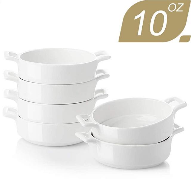 SWEEJAR Porcelain 10 Ounce Ramekins, Round Double Handle Souffle Dishes for Baking, Creme Brulee, Ice Cream, Pudding - Set of 6(White)