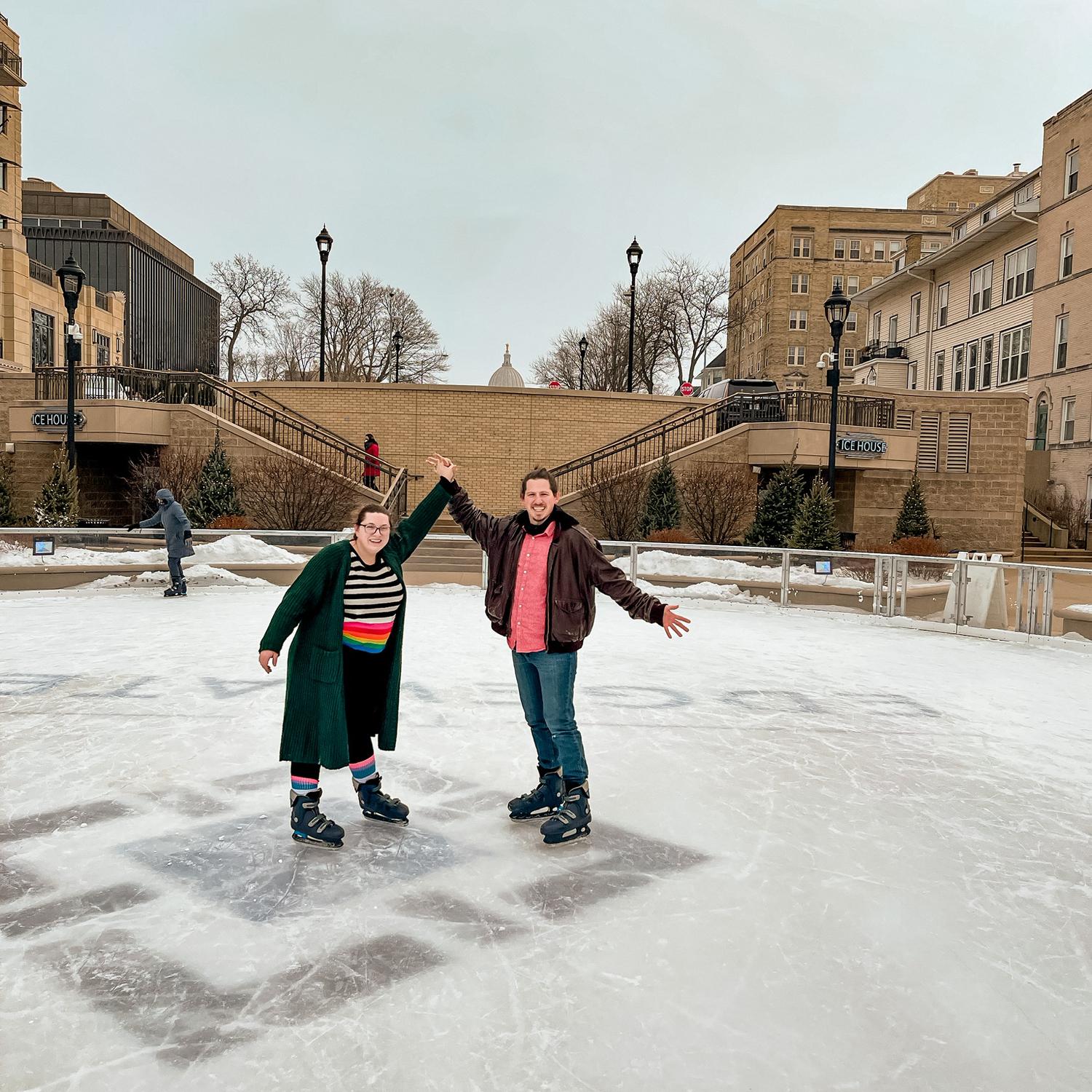 Ice skating— Sophie grew up in Missouri & was on skates every winter. Gage grew up in Wisconsin & was new to skating when they started dating, now he is better.