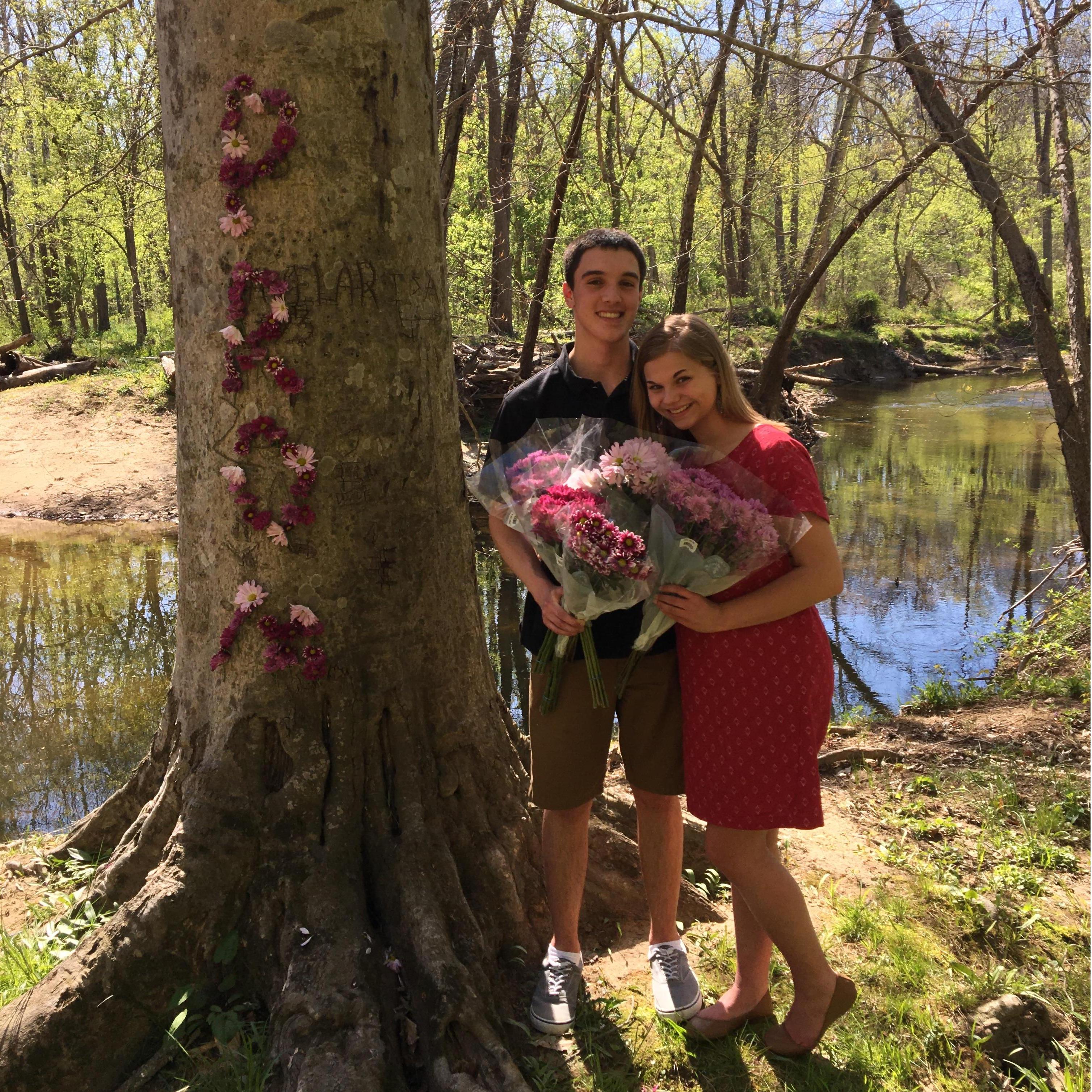 Prom-posal, 2016 + our second anniversary! This is the same tree we carved our initials into when we first started dating.