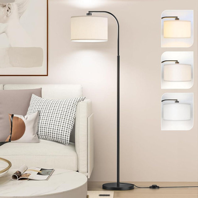 Arc Floor Lamps for Living Room with 3 Color Temperatures, Modern Floor Lamp Reading Light with 9W Bulb Included, Standing Lamp with Adjustable White Hanging ‎Lampshade for Bedroom Office(Black)
