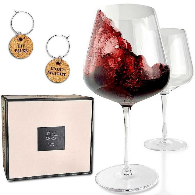 PURE MORA The Henry Red Wine Glasses - Set of 2, 25 oz, Classic Oversized Hand Blown Crystal Glass, Perfect for Drinking Burgundy, Cabernet Sauvignon, Shiraz, Malbec, Etc. Unique, Elegant & Large