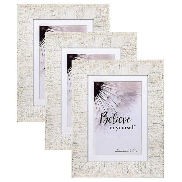 Scholartree 5x7 Picture Frame Display Picture 4x6 with Mat, HD Glass Inside Rustic Wooden Whitewash Photo Frames for Table Top and Wall Mounting, 3 Sets