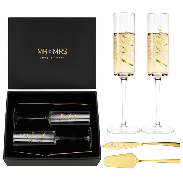 AW BRIDAL Mr and Mrs Champagne Flutes, Wedding Cake Knife and Server Set, Toasting Glasses for Wedding Anniversary Engagement Gifts for Couples(Gold)