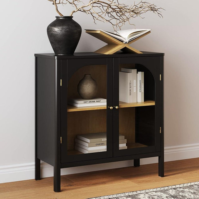 Nathan James Modern Storage, Buffet, Sideboard, Free Standing Accent Cabinet for Hallway, Entryway or Living Room, 1, Clear Glass/Black