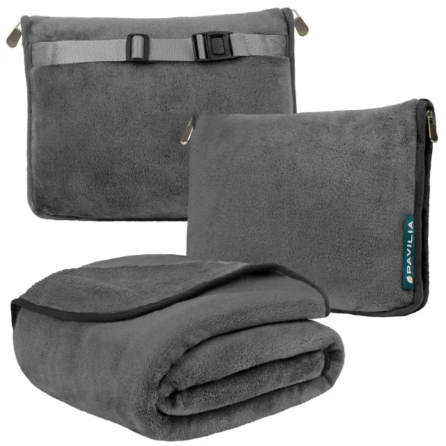 PAVILIA Travel Blanket and Pillow, Warm Soft Fleece 2-IN-1 Combo Large Compact Set for Airplane Camping Car Trips
