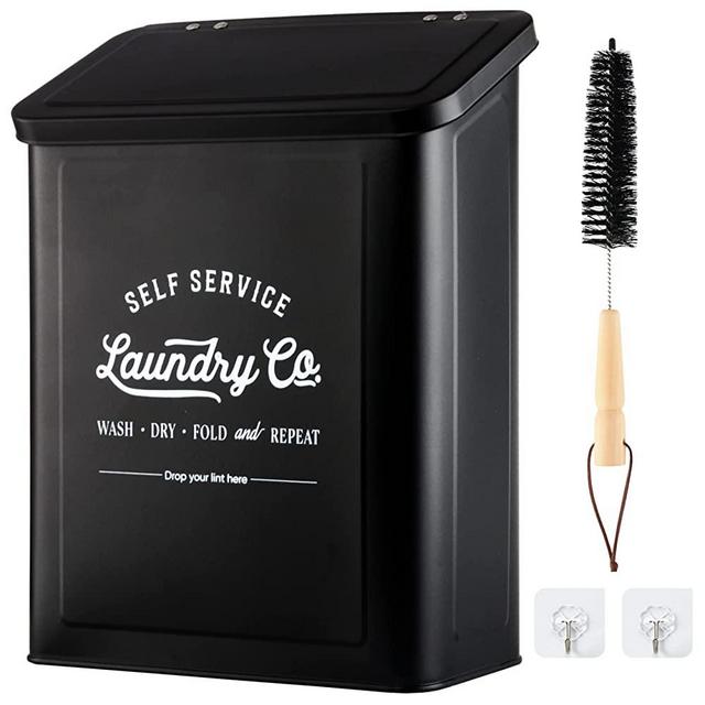 Monjita Magnetic Lint Bin for Laundry Room, Wall Mounted Lint Trash can with lid for Dryer, Farmhouse Laundry Co Sign, Laundry Room Organization and Storage Decor with Dryer Lint Brush(Black)