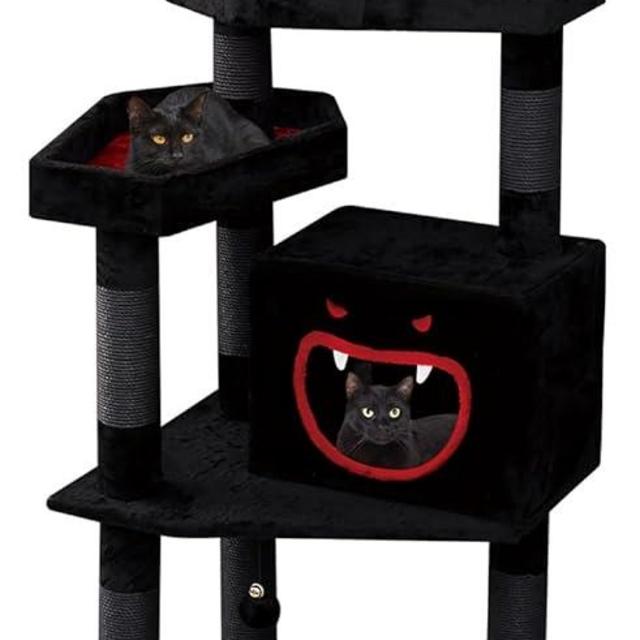 YARUOMY Gothic Cat Tree with Coffin Bed，62.5" Black Cat Tower with Spacious Demon Styled Cat Condo，Cozy Plush Perch, Scratching Posts，Hanging Ball，Multi-Level Cat Activities Furniture for Large Cats