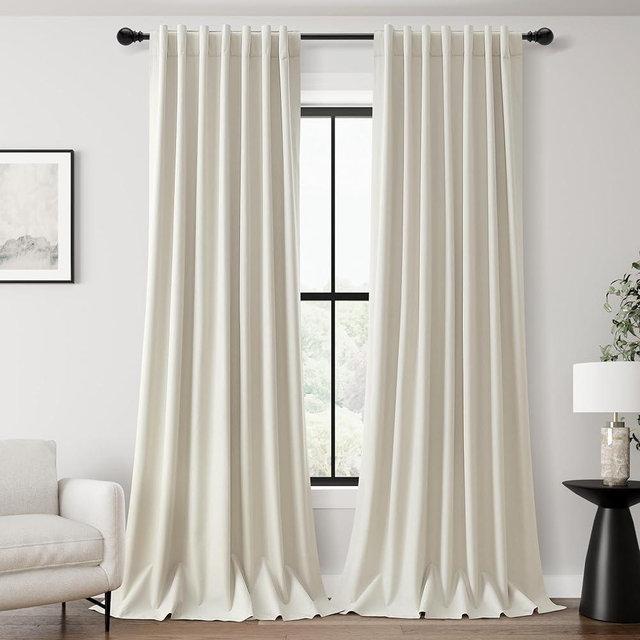 92 Inch Blackout Curtains for Bedroom Window Back Tab Neutral Cream 100% Complete Blackout Drapes 92 Long Thermal Insulated Energy Saving Living Room Dakening Curtains 90 Inch Length 2 Panels Set