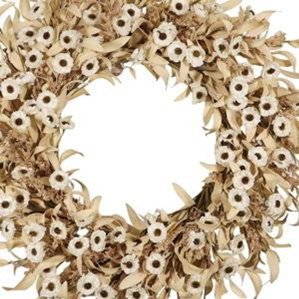 24 Inch White Floral Wreaths for Front Door - Spring Summer Decor with Artificial Eucalyptus, Boxwood & Grain Stems, All Season Farmhouse Wreath for Indoor Outdoor