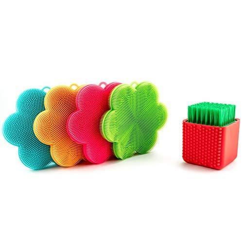Premium Food Grade Silicone Scrubber and Brush for Cleaning (4 pc + Silicone Brush) | Antibacterial and BPA-free
