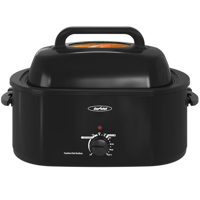 Sunvivi 30lb 26-Quart Roaster Oven, Electric Roaster Oven with Viewing Lid, Turkey Roaster with Unique Defrost/Warm Function, Large Roaster with Removable Pan & Rack, Stainless Steel, Black