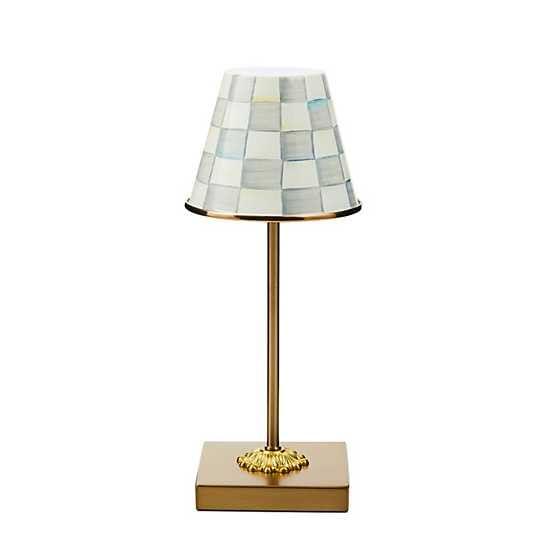 MACKENZIE-CHILDS LED Rechargeable Cafe Table Lamp, Cordless Decorative Lamp, Gray-and-White Sterling Check