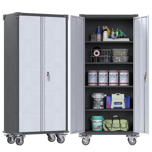 SUXXAN 71" Tall Metal Storage Cabinets with Doors and 4 Adjustable Shelves, Lockable Rolling Cabinet Silver&Black，Home Office Metal Utility Cabinet for Garage Kitchen, Assembly Required…