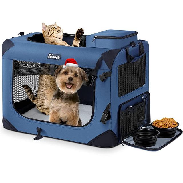 Reerooh Large Cat Carrier 24"x17"x17", Soft Sided Pet Carrier with 2 Pockets, 2 Bowls, 4 Breathable Meshes, Collapsible Travel Pet Carrier Bag for Cats Dogs Puppies Kittens (Navy)