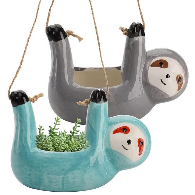 Okllen 2 Pack Ceramic Sloth Hanging Planter, Cute Sloth Succulent Planter Cactus Flower Pot, Wall Hanging Plant Holder Sloth Gifts for Pottery Bonsai, Air Plant, Indoor and Outdoor Decor, Gray, Blue
