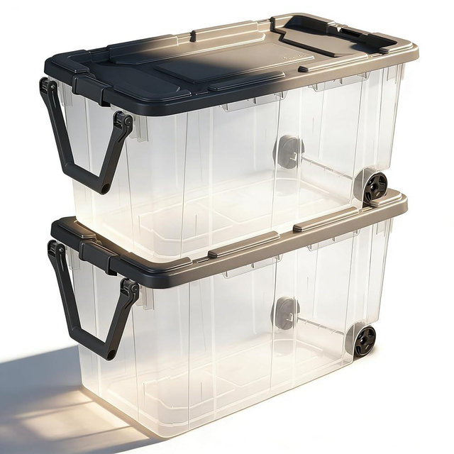 2 Pack 160 Quart Wheeled Storage Bins - Stackable Heavy Duty Clear Totes with Secure Latch Lid & Reinforced Pull Handle, Ideal for Garage, Closet & Moving (Clear/Gray)