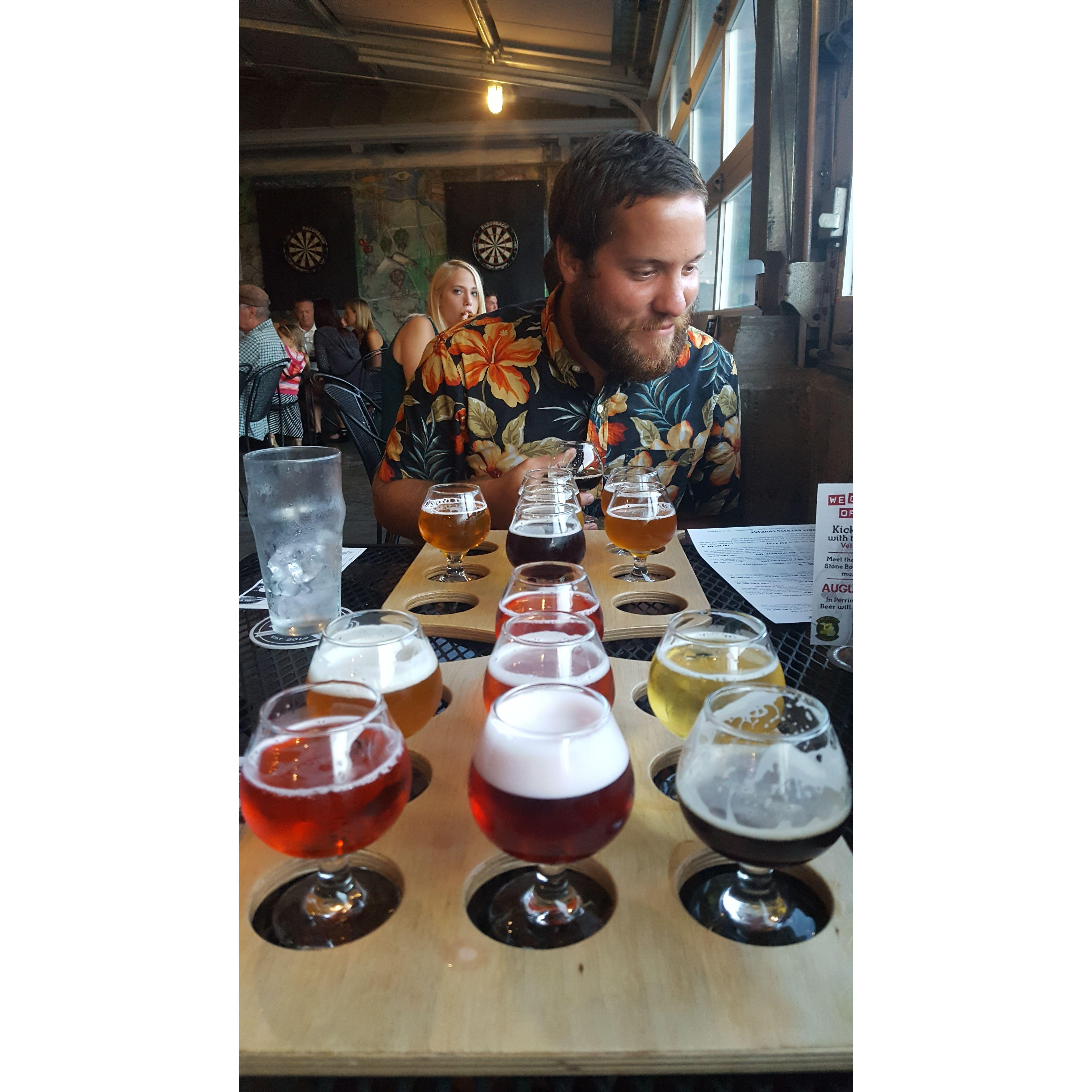 Still just friends at this point, we stopped in at Perrin Brewing Company after kayaking near Grand Rapids; July 2017.