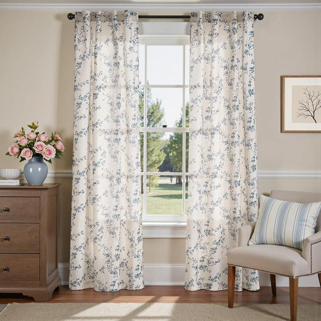 jinchan Linen Floral Curtains 84 Inch Farmhouse Country Flower Drapes Rustic Window Curtains Light Filtering for Living Room Bedroom Laundry Back Tab 2 Panels Blue on Beige