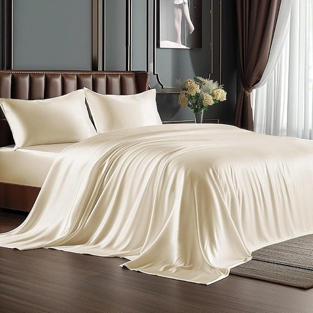 BEDELITE King Size Sheets Set, Luxury Soft Beige Satin Sheets for Hair and Skin, Similar to Silk Bed Sheets Set 4 Pieces with 1 Deep Pocket Fitted Sheet, 1 Flat Sheet, and 2 Pillowcases