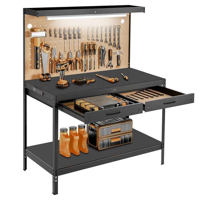 Pterying Work Bench,Garage Storage Workbench with Drawers Pegboard, Work Table, A3 Steel 600LBS Capacity Workbench for Garage Workshop Basement, Tool Tabl Bench, Dark Black