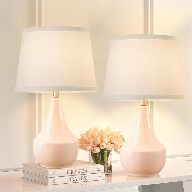GyroVu Table Lamp Set of 2, 18.6“ Tall Ceramic Table Lamp Classic Beside Lamps Nightstand Lamp Modern Table Lamp for Living Room, Bedroom & Office Rocker Swtich Pink-LED Bulbs Included