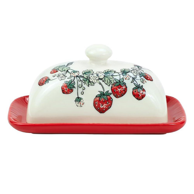 Bicuzat Ceramic Butter Dish with Lid Butter Keeper Butter Plate Tray for Kitchen Countertop Embossed Strawberry Pattern Butter Crock Keeper Saver