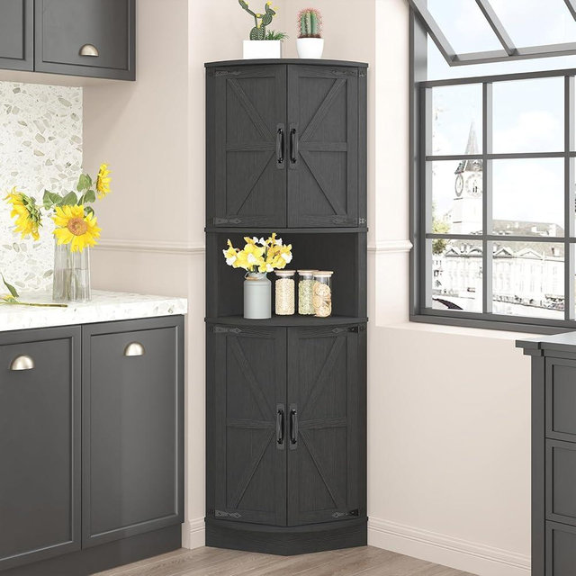 Vabches 64.8" Tall Farmhouse Corner Cabinet with 4 Doors and 5 Storage Shelves, Farmhouse Storage Cabinet with Barn Door Design, Home Space Saver for Living Room, Kitchen, Laundry Room,Black