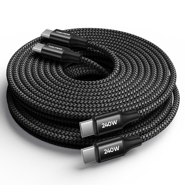 TOSUPERS 240W USB C to USB C Cable, [10ft 2-Pack] Long USBC to USBC Cable Type C Charge Cord Super Fast Charging for MacBook Pro, iPad Pro, iPhone 16 15 Pro, Samsung Galaxy S25 S24