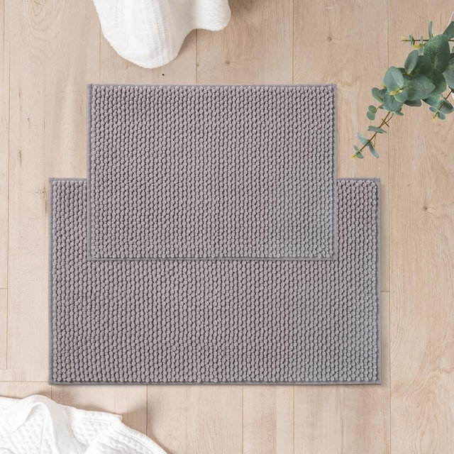 FRESHMINT Chenille Bathroom Rugs Sets 2 Piece 17"x24"+20"x32", Non-Slip Bath Mats, Absorbent Bath Rug, Washable Set of 2 Shower Floor Mat, Gray