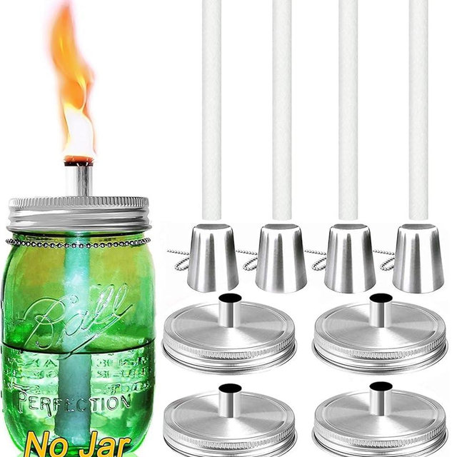 4 Pack Mason Jar Outdoor Tabletop Torch Kit Set, Fiberglass Wicks,Stainless Steel Lid with Outfire Cover Caps,6-inch High,for Patio Garden Party Table Decor Torch Lights (Silver)