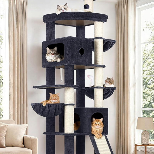 Globlazer Heavy Duty Cat Tree, 83 Inch Giant Cat Tower with 7 Scratching Posts, Multi-Level Large Cat Condo for Indoor Cats Large Adult, 2 Perchs, 3 Sturdy Hanging Baskets, Cat Toys, F83C, Dark Grey