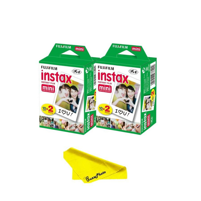Fujifilm Instax Mini Twin Pack Picture Format Instant Daylight Film for Fujifilm Instax Mini Instant Cameras w/BuzzPhoto Microfiber Cleaning Cloth (2 Twin Packs (40 Sheets))