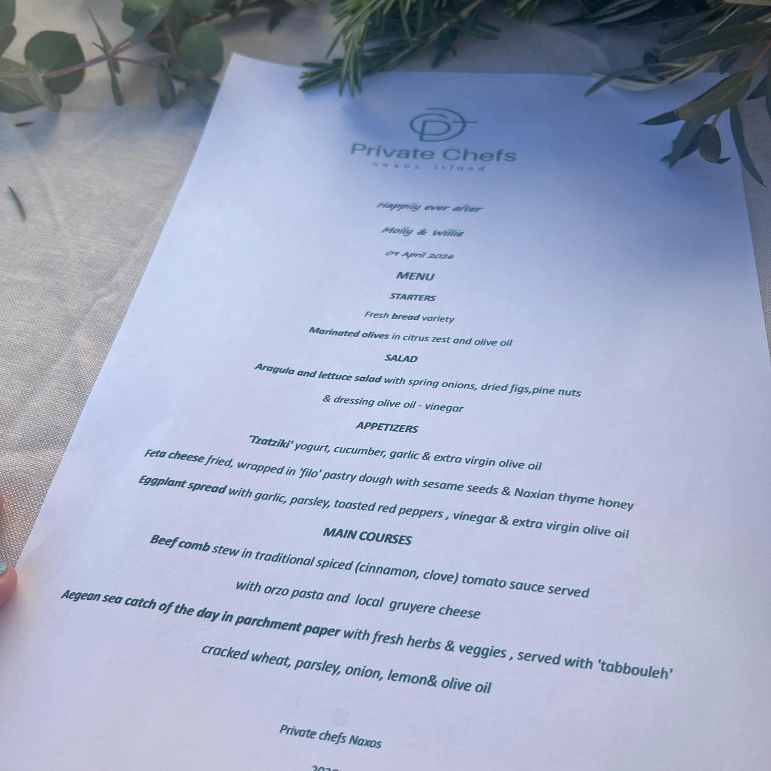 Dinner menu