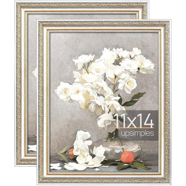 upsimples 11x14 Picture Frame with Real Glass, Ornate Vintage 11 x 14 Photo Frames for Wall Decor or Tabletop Display, Gold and White, 2 Pack