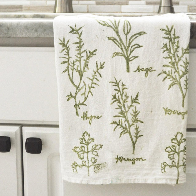 Hand Printed Herb Tea Towel: Block Print Flour Sack Towel