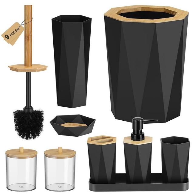 LMDO 9Pieces Bathroom Accessories Set, Black and Bamboo Set Including Toilet Brush, Trash Can, Toothbrush Holder, Soap Dispenser, Soap Dish, Bathroom Tumbler, Bathroom Tray and Qtip Holder x 2 pcs