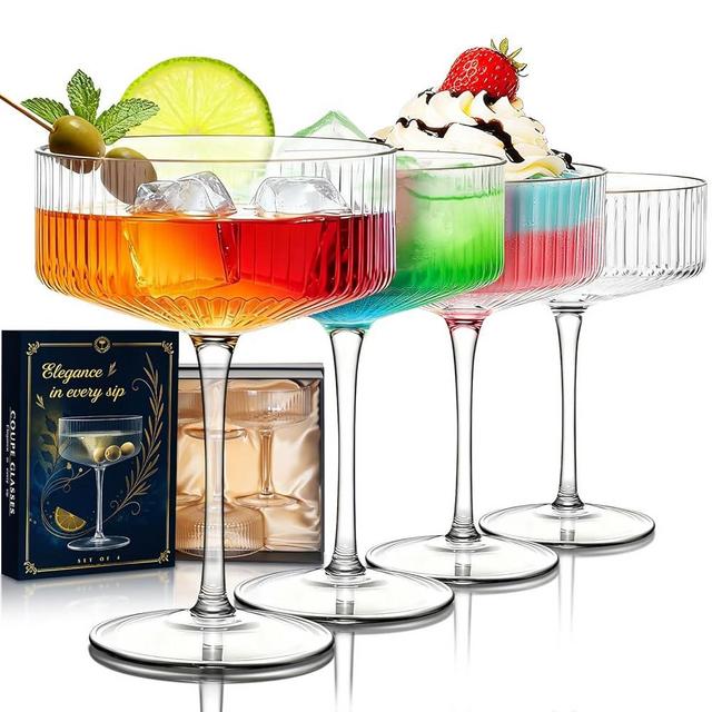 Evoio Martini Coupe Glasses Set of 4 | 10 oz Elegant Ribbed Vintage Cocktail Glasses, Premium Crystal Glass for Champagne, Espresso Martini, Desserts | Perfect for Gifts & Entertaining