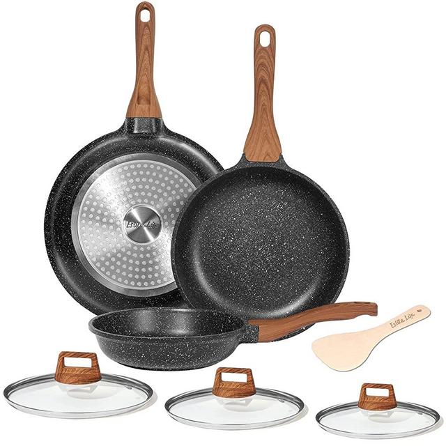 ESLITE LIFE Frying Pan Set with Lid Nonstick Induction Skillet Set Egg Omelette Maker Pan with Granite Coating and Wooden Spatula, 7-Piece