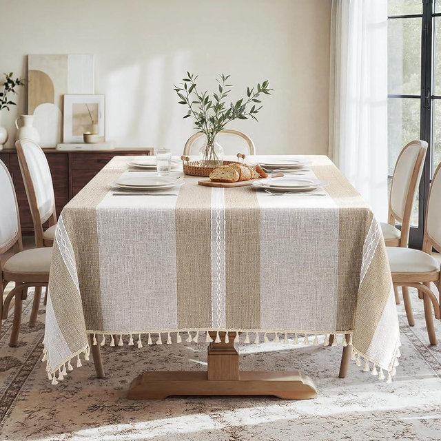 HOMEIDEAS Tablecloth Rectangle, Farmhouse Table Cloth with Tassel, Rustic Boho Tablecloth for Dining Party Outdoor Waterproof - 55 x 70 Inch, Coffee