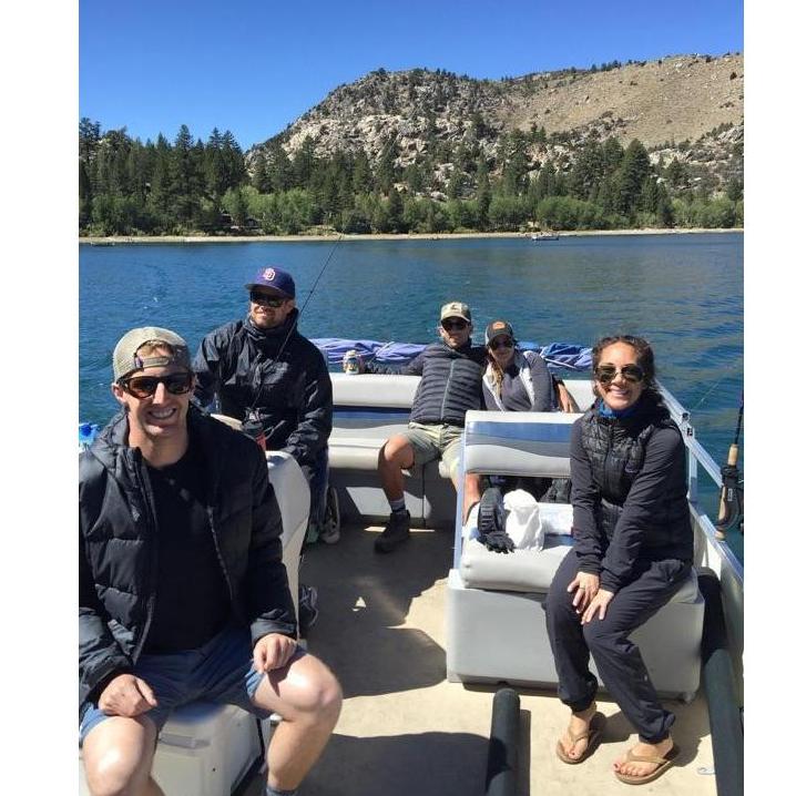 Justin, Vanessa, Greg, Frankie and Ryan on the pontoon on June Lake