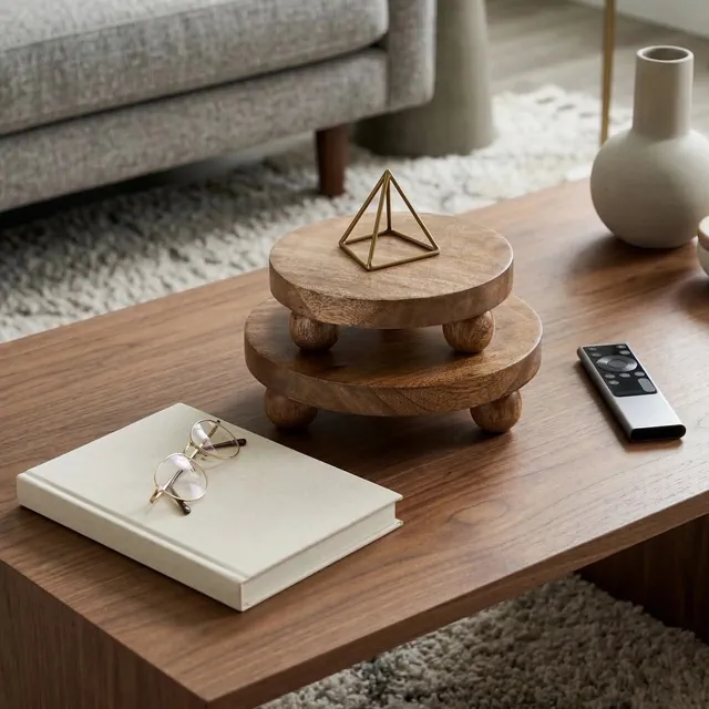 House Decor Trays for Bed or Coffee Table - Round Wooden Riser Trays with Ball Feet for Home Accent or Centerpiece Decorations - Set of 2, 3", Brown